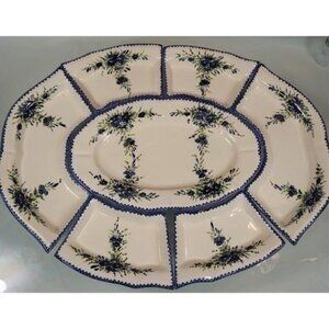 Vintage Tidbit Tray 7 Pc XL Dish Set White Blue Flowers Hand Painted Greece